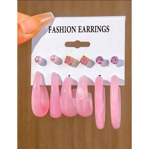 Fashion Earrings Set Pink Studs and Hoops Earrings for Women Girls‎